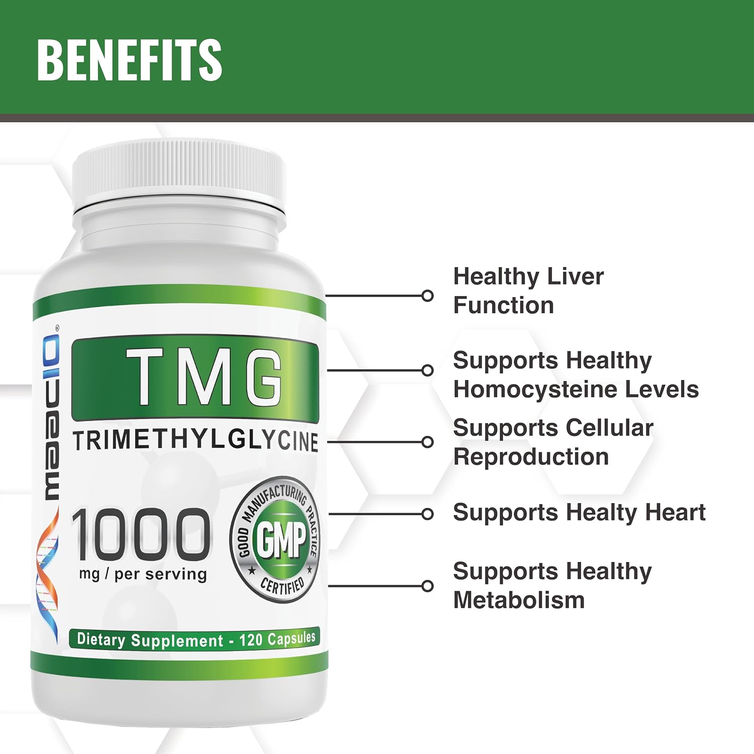 MAAC10 TMG 1000mg - Suplemento de Trimetilglicina (Betaína Anhidra) - Apoyo a la Metilación y Metabolismo de la Homocisteína - 120 Cápsulas