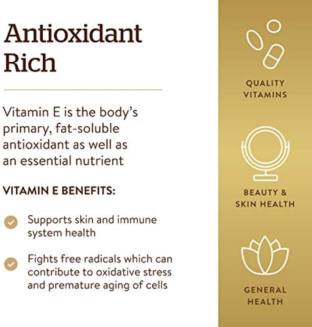 Solgar Vitamin E 268 mg (400 IU), 250 Softgels - Natural Antioxidant, Skin & Immune Support - Naturally Sourced Vitamin E - Gluten-Free, Dairy-Free - 250 Servings