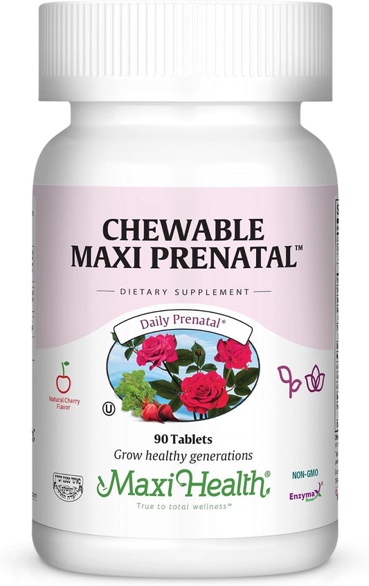 Maxi Health Vitaminas Prenatales Masticables con Hierro, Biotina, Ácido Pantoténico y Magnesio - 90 Comprimidos