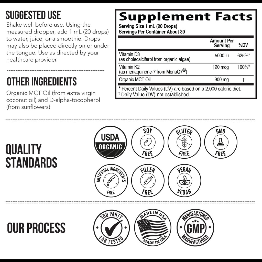 Organic Plant D3 + K2 (5000 UI D3) - All-Trans MK7 de MenaQ7 (120 mcg K2) - Gotas Sublinguales 100% Orgánicas y Veganas