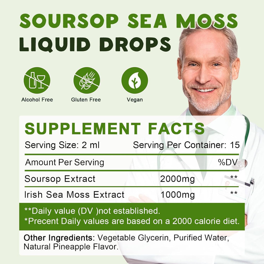 LUCNVEM Gotas Orgánicas de Soursop Graviola con Sea Moss, Sabor Piña - 118 ml
