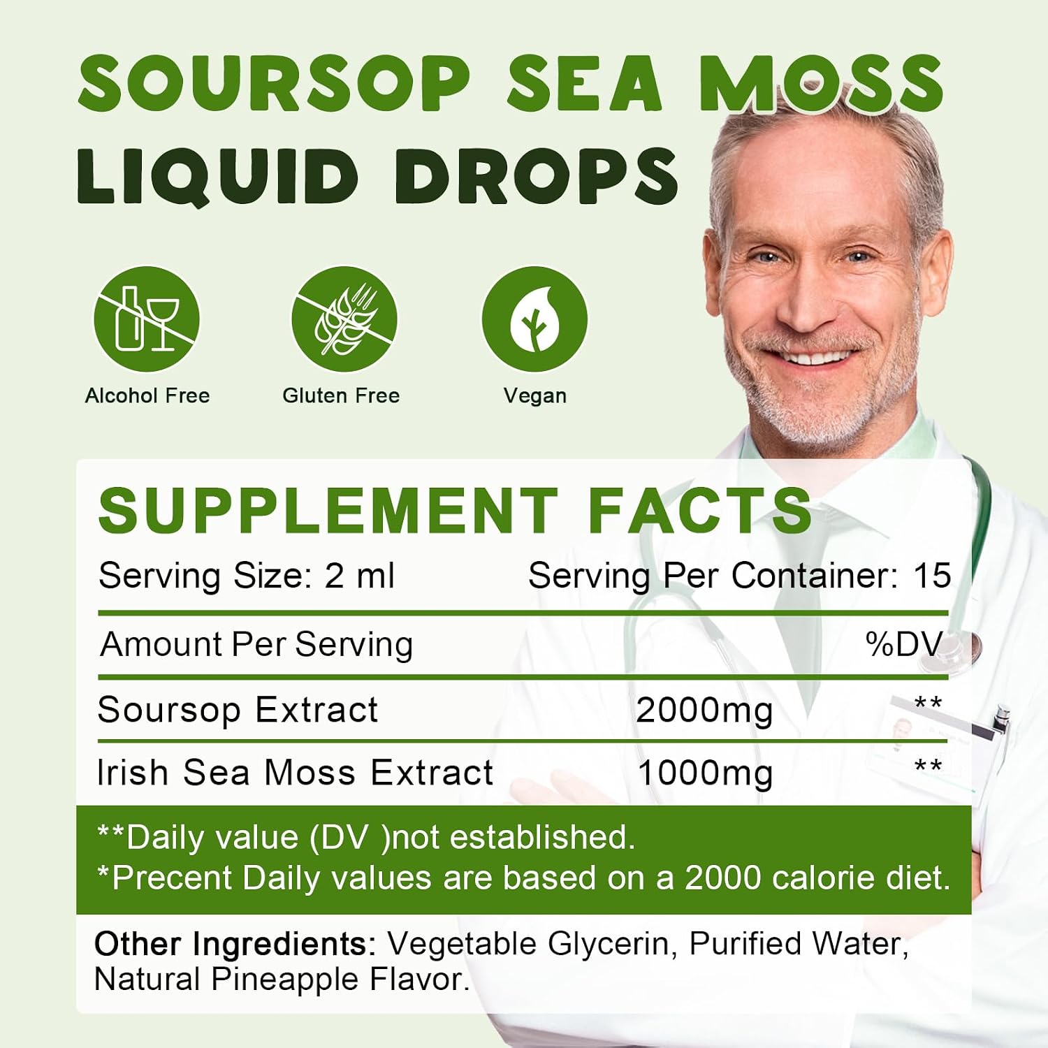 LUCNVEM Gotas Orgánicas de Soursop Graviola con Sea Moss, Sabor Piña - 118 ml