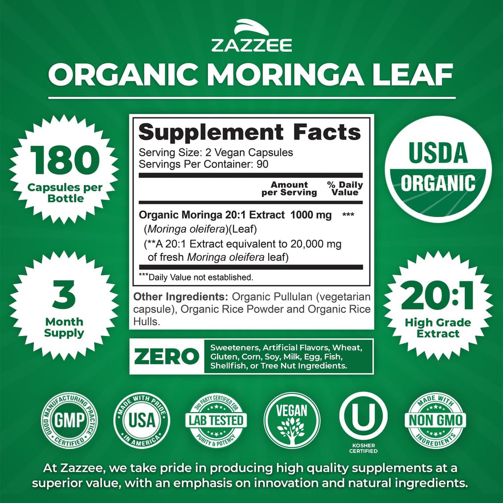 Zazzee Moringa Orgánica Extracto 20:1 - 180 Cápsulas Veganas