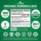 Zazzee Moringa Orgánica Extracto 20:1 - 180 Cápsulas Veganas