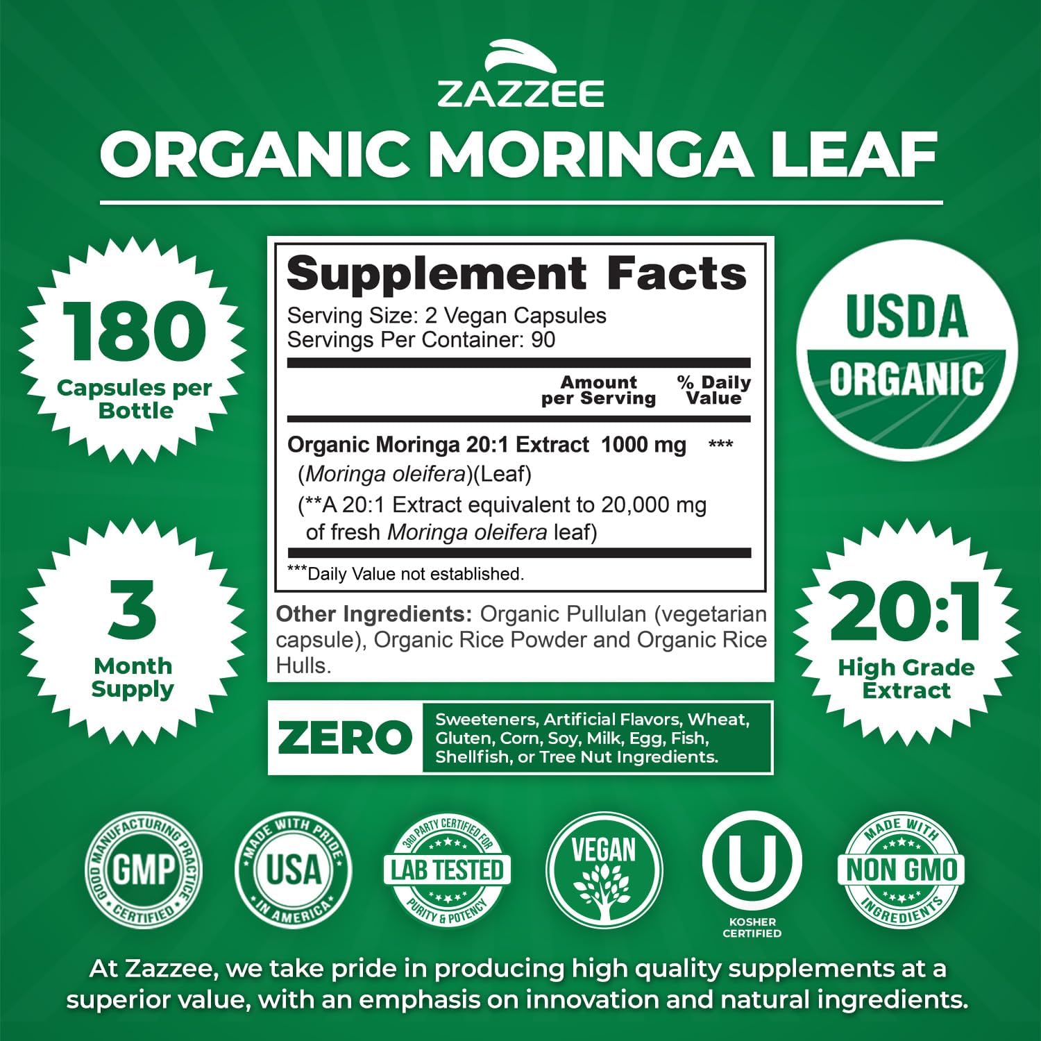 Zazzee Moringa Orgánica Extracto 20:1 - 180 Cápsulas Veganas