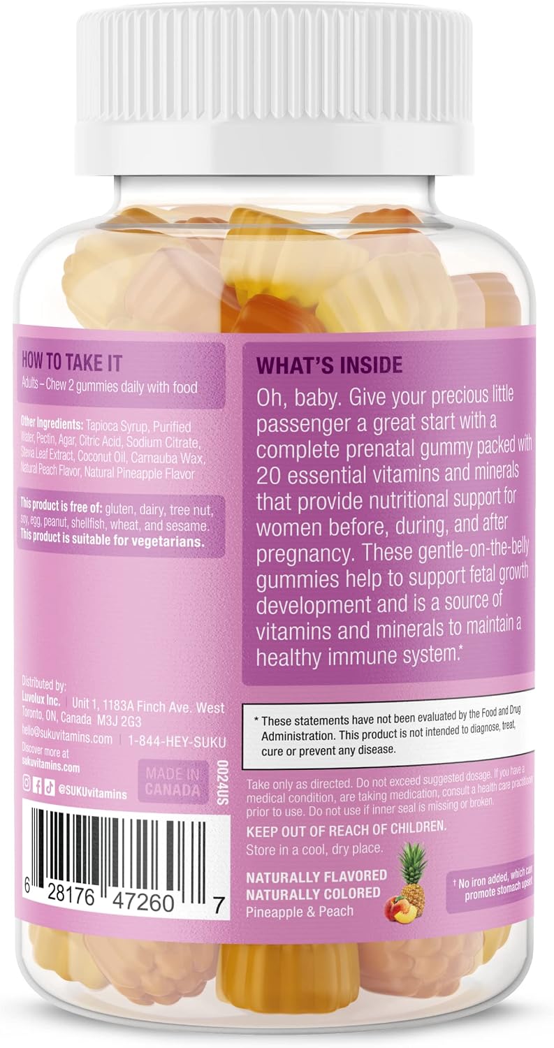 SUKU Gominolas Multivitamínicas Prenatales – Folato, Calcio, Vitamina D3, B12, K2 – Sin Azúcar – 60 Unidades