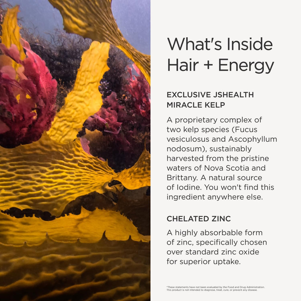 JSHealth Vitaminas para el Crecimiento del Cabello para Mujeres. Cabello + Energía con Yodo de Alga Kelp y Zinc. Favorece densidad, fuerza y energía. Formulado por nutricionista (60 cápsulas)