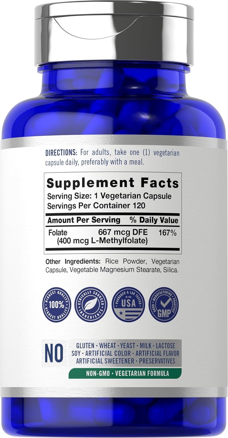 Carlyle L-Metilfolato 400 mcg | 120 Cápsulas Vegetales | Folato Metilado Activo | No GMO y Sin Gluten