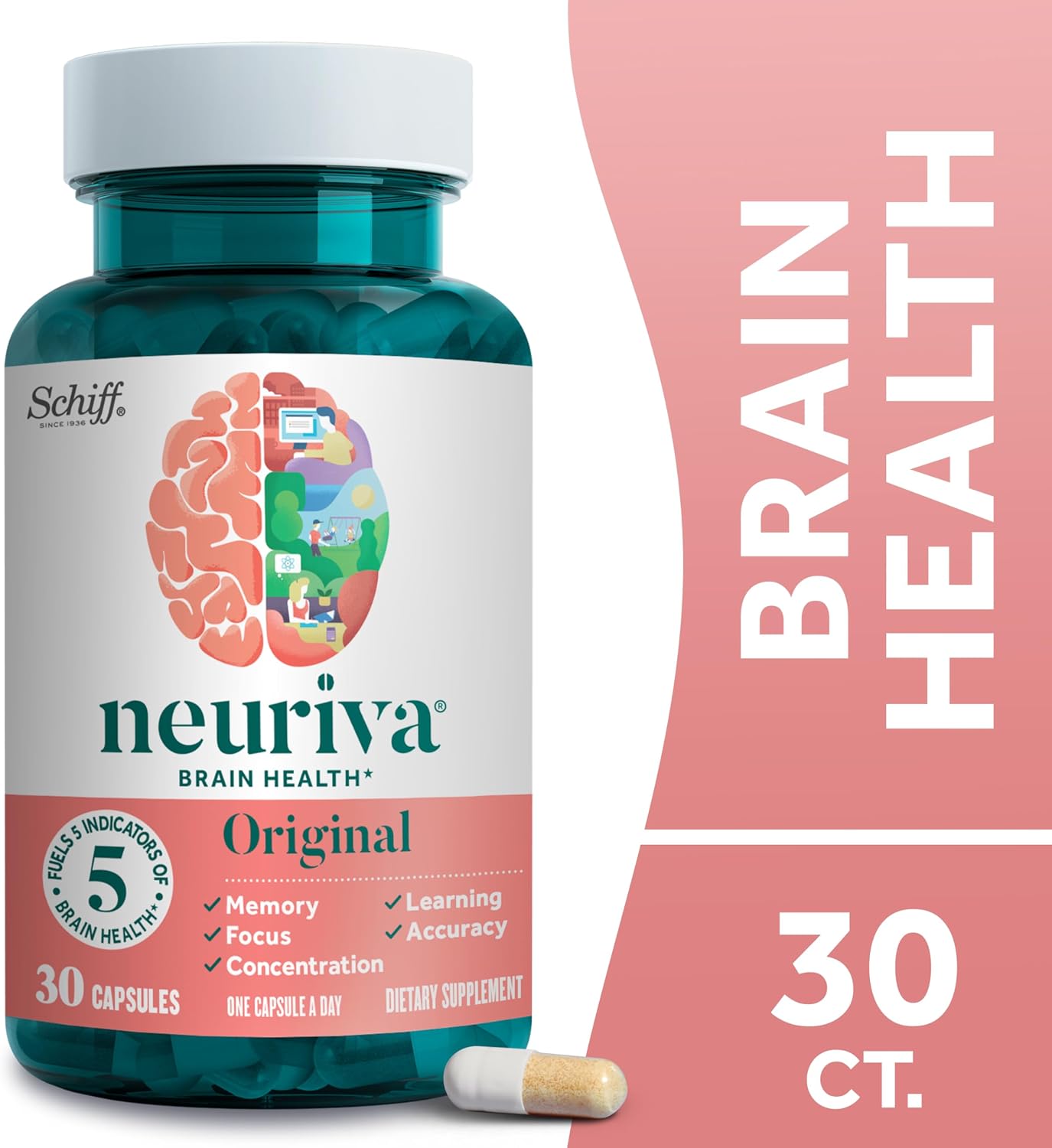 NEURIVA Original Suplemento Cerebral para Memoria, Concentración y Aprendizaje - 30 Cápsulas (Pack de 2)