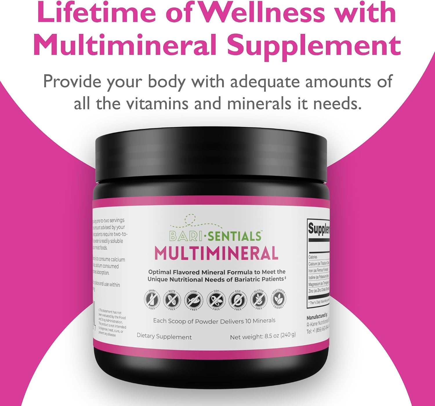 R-Kane Nutritionals Barisentials Suplemento Multimineral Bariátrico – Polvo Post-Cirugía – Sabor Fresa-Limón – 240g