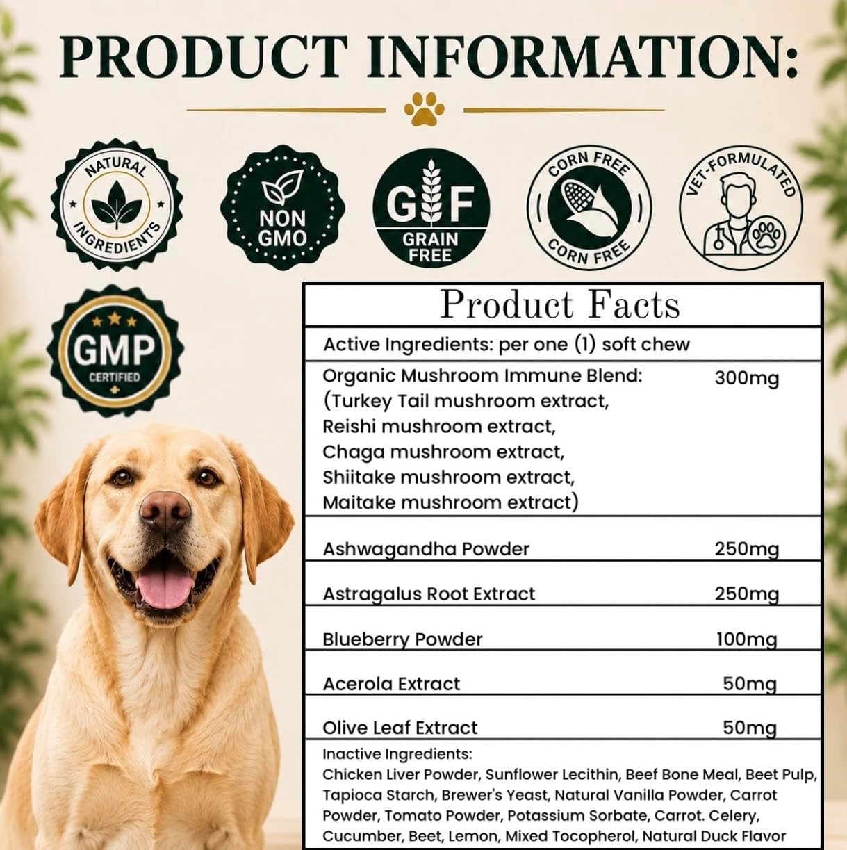 Turkey Tail Mushroom for Dogs - Suplemento de Hongos Orgánicos para Perros - 90 Chews Blandos