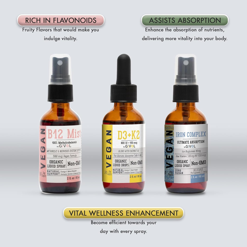 Energy & Vitality Bundle - Trío de Sprays Sublinguales: B12, Hierro y D3+K2 | GIVOL