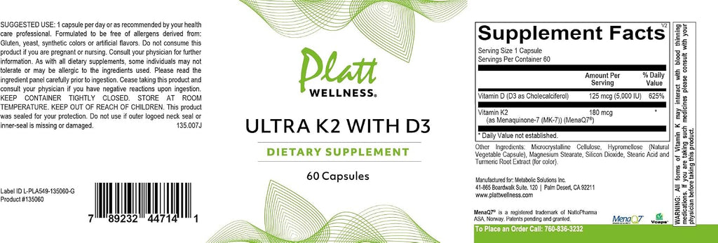 Platt Wellness Ultra K2 con D3 – Vitamina K2 (MK-7) + Vitamina D3 – 60 Cápsulas