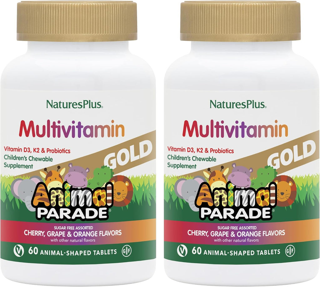 NaturesPlus Animal Parade Gold Multivitamínico Infantil - 120 Comprimidos Masticables Sabor Cereza, Naranja y Uva - Pack de 3 (180 Raciones)