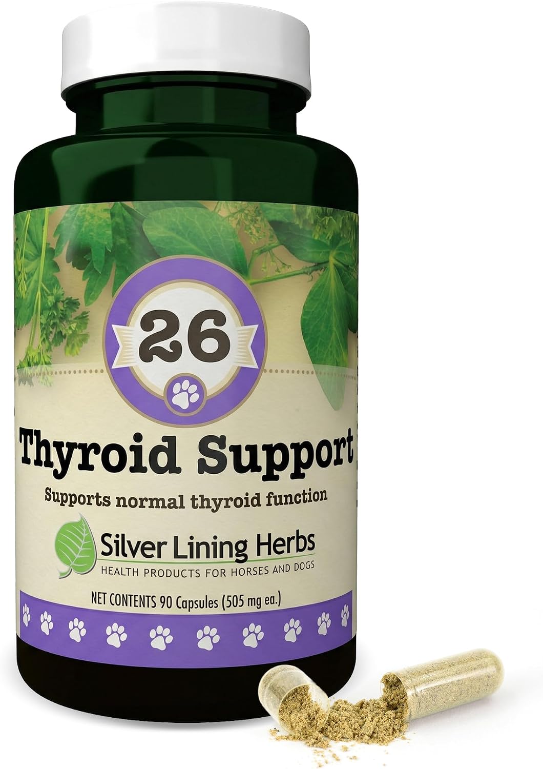 Suplemento Tiroideo Natural para Perros con Perejil, Ashwagandha, Jengibre, Cardo Mariano y Gordolobo - 90 Cápsulas