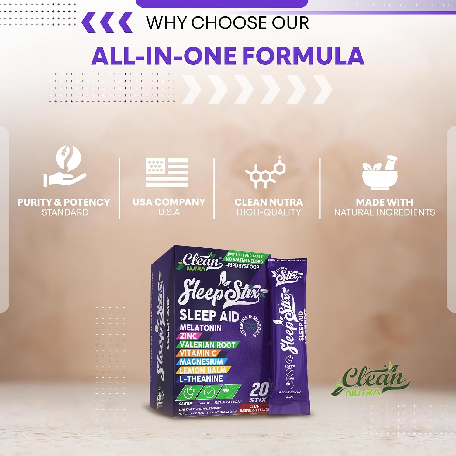Clean Nutraceuticals Sleep Aid – Polvo de Melatonina con Triptófano, Glicina, Valeriana, Magnesio, L-teanina, Zinc, Inositol, GABA, B6, 5-HTP – 20 Sticks