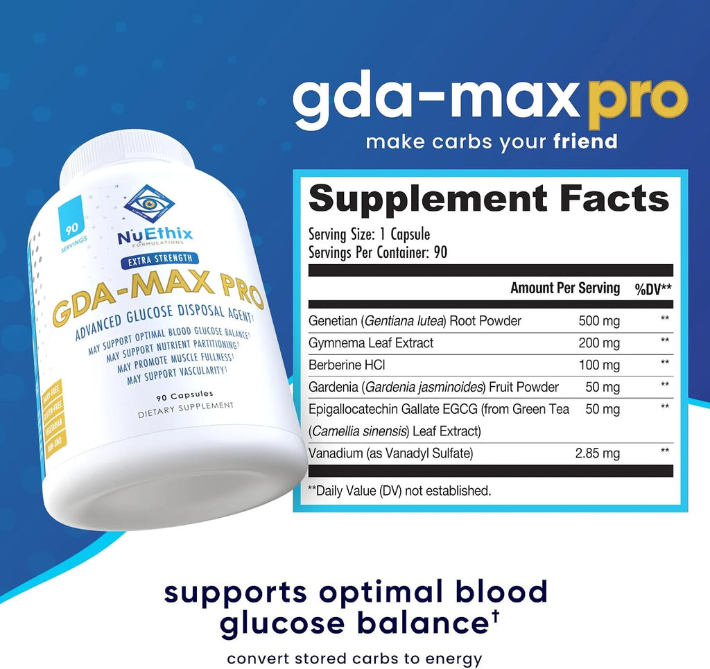NuEthix Formulations GDA-MAX PRO, Suplemento con Berberina HCL Doble Concentración, Apoyo al Metabolismo de la Glucosa, 90 Cápsulas