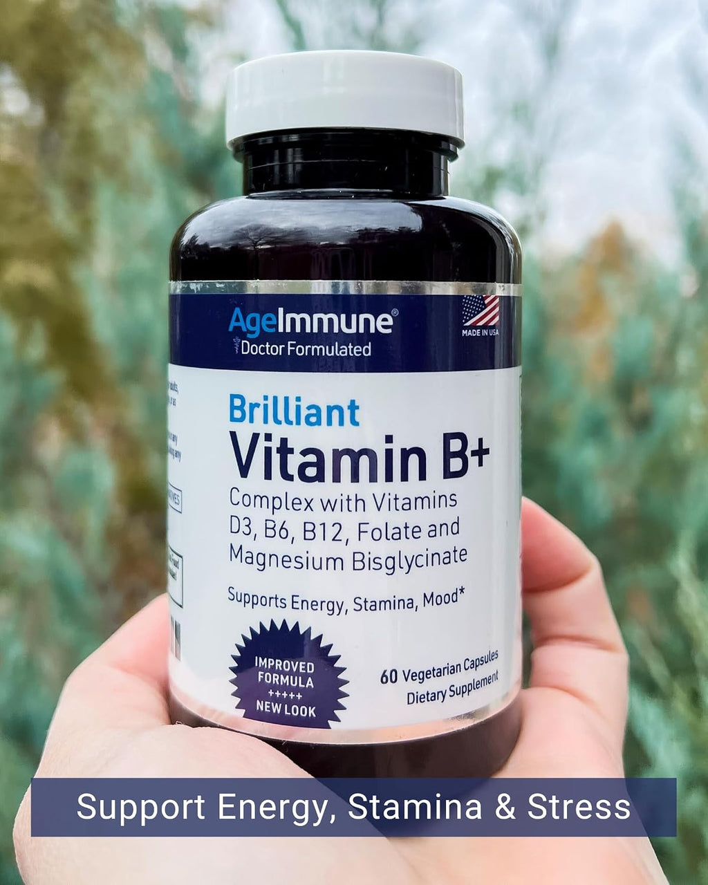 AgeImmune Complejo B con Vitamina D3, B12, B6, Magnesio Bisglicinato y Folato como Metilfolato - 60 Cápsulas - Sin Niacina