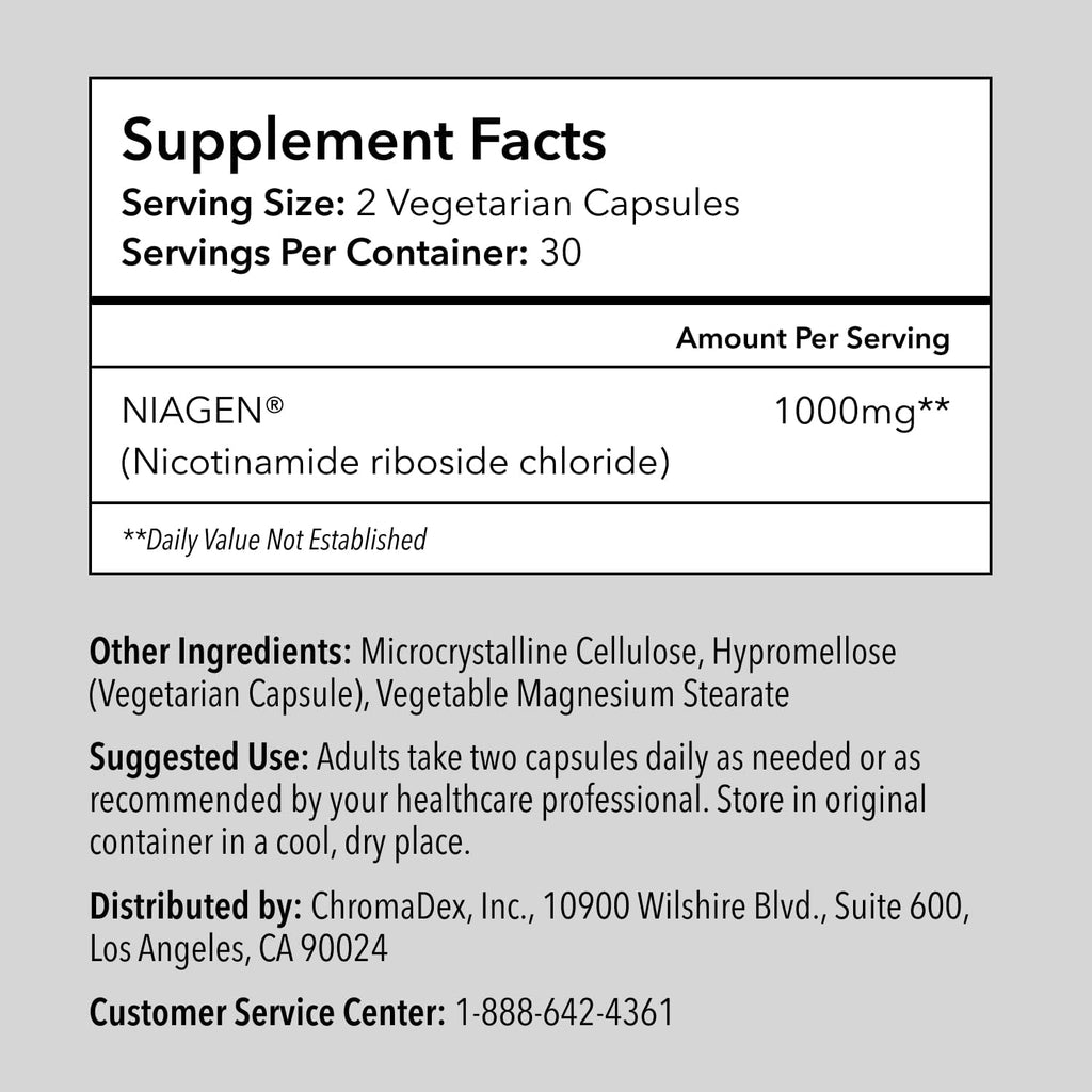 TRU NIAGEN Suplemento de NAD+ Patentado | Nicotinamida Ribósido (NR) | 30 dosis de 1000 mg (2x500 mg)