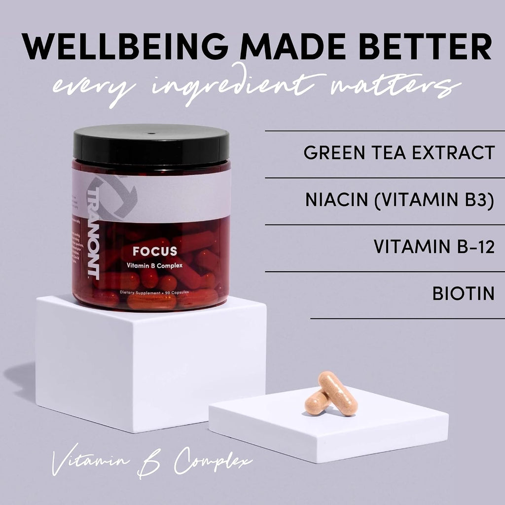 Tranont Focus Complejo B - Claridad Mental, Energía y Salud Inmunológica con Lion's Mane y Té Verde - Vegano, Sin Gluten - 90 Cápsulas