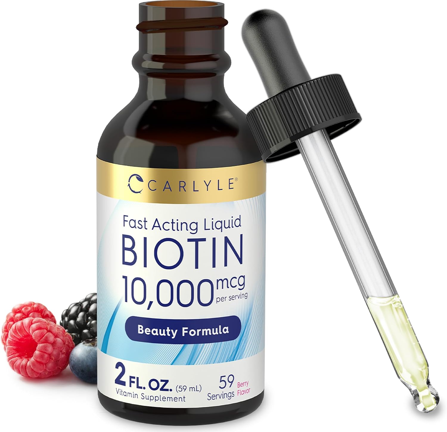 Carlyle Biotina Líquida 10000mcg | 59 ml | Gotas de Alta Concentración | Suplemento Vegetariano, No GMO, Sin Gluten