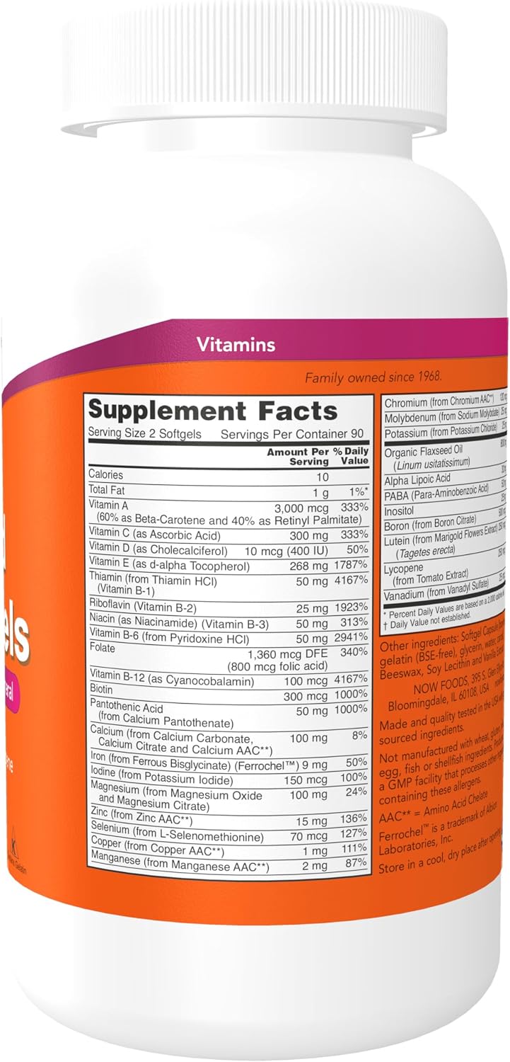 NOW Foods Liquid Multi Gels con Luteína y Licopeno, aceite de linaza, 180 cápsulas blandas