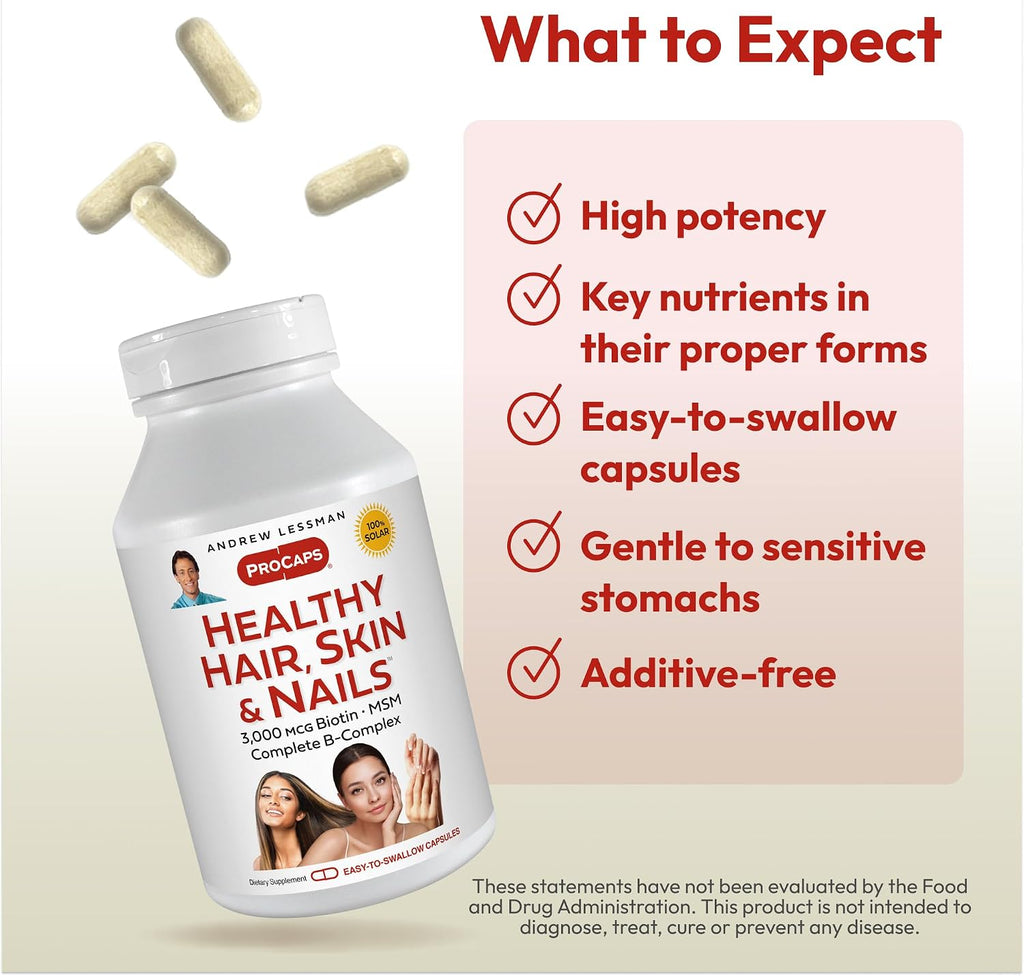 ANDREW LESSMAN Healthy Hair, Skin and Nails - 60 Cápsulas - 3000 mcg Biotina de Alta Bioactividad, Complejo B