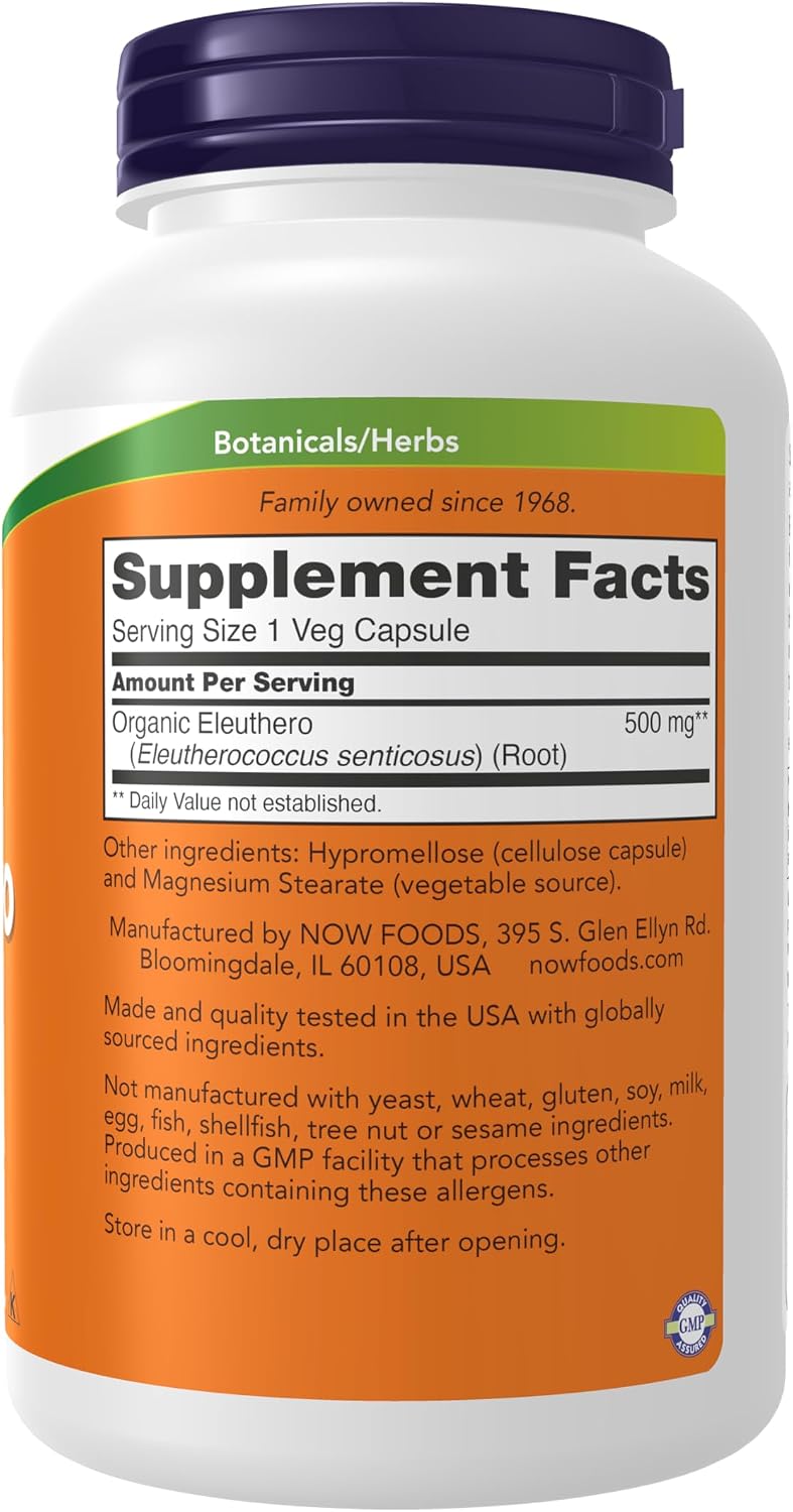 NOW Foods Eleuthero (Eleutherococcus senticosus) 500 mg - 250 Cápsulas Veganas