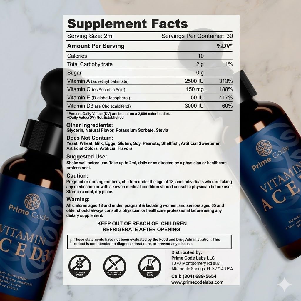 Prime Code Vitamin A Líquido con Vitaminas C, E y D3 - Complemento Alimenticio en Gotas, Sabor Naranja Natural