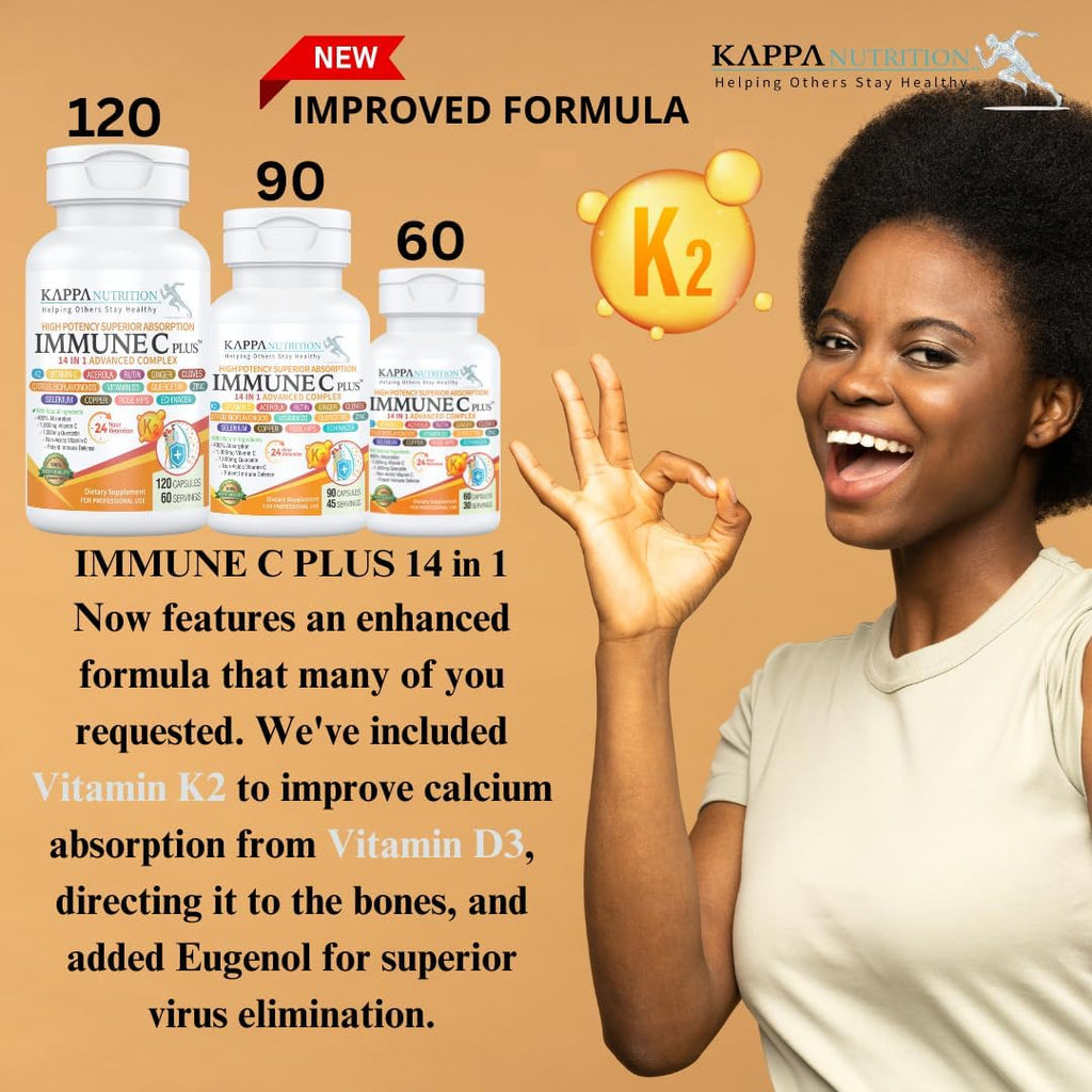 Kappa Nutrition Immune C Plus - Complejo de 14 ingredientes con Quercetina, Vitamina C, Zinc, Vitamina D3, Selenio, Cobre y más (90 cápsulas)