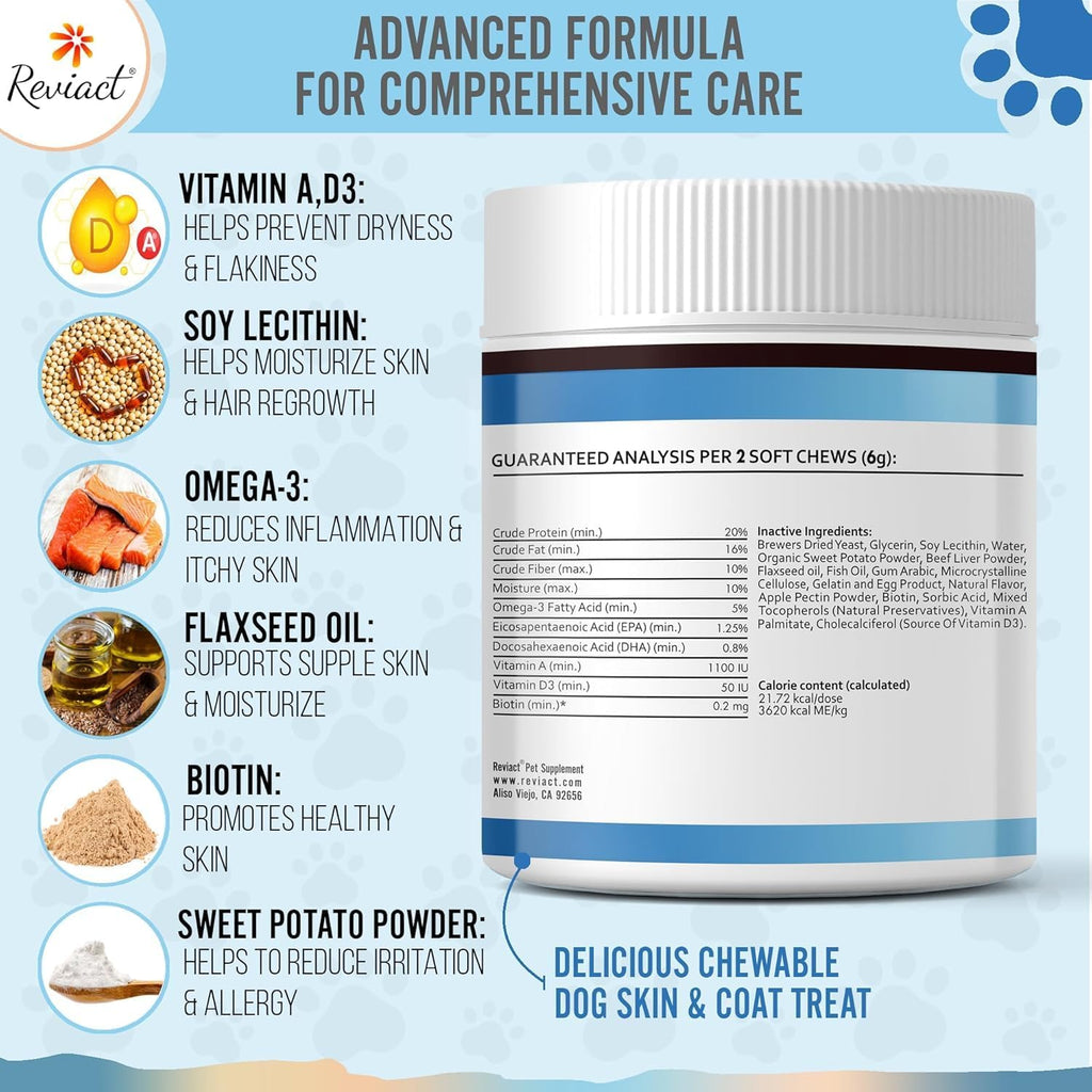 Reviact Complemento para Piel y Pelaje para Perros - Masticables de Aceite de Pescado Omega 3 con DHA, EPA y Biotina, 60 Unidades