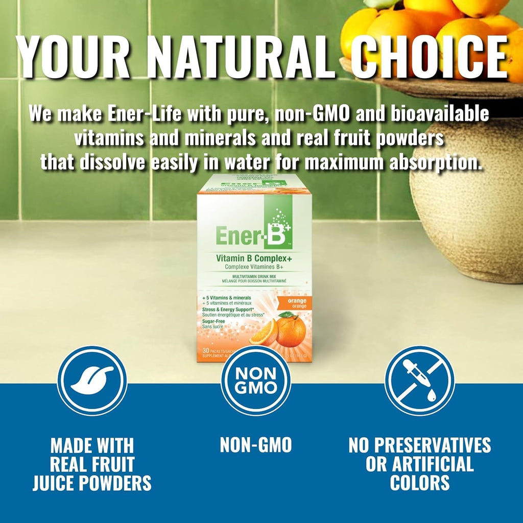 Ener-B+ Bebida Multivitamínica Sin Azúcar - Sabor Naranja - 30 Sobres