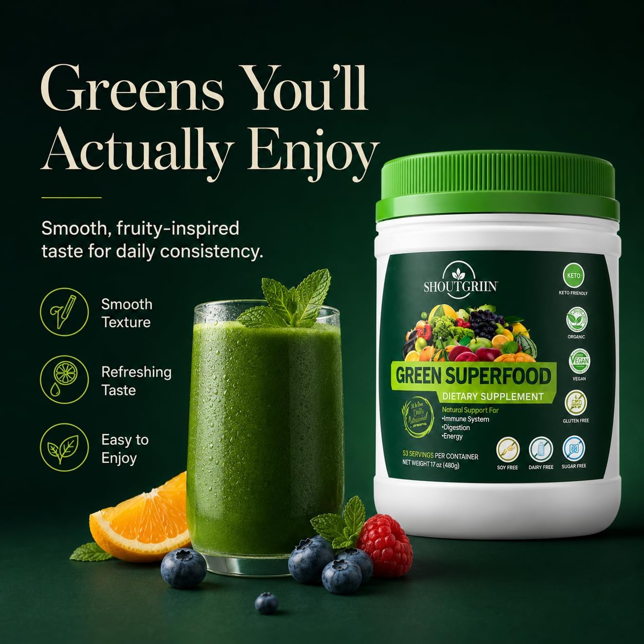 SHOUTGRIIN Green Superfood Powder – Super Greens Orgánicos con Probióticos y Enzimas