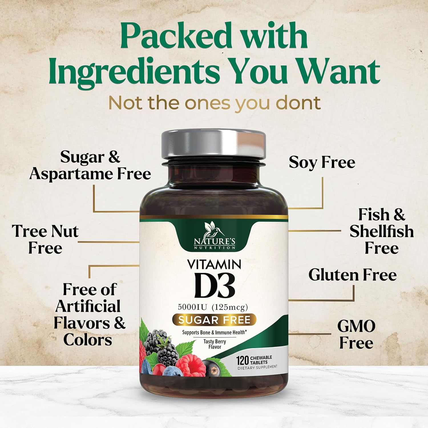 Vitamina D3 5000 UI (125 mcg) por ración - Comprimidos masticables extra fuertes para el apoyo inmunitario, huesos, dientes y músculos - Sin azúcar, sin gluten, envasado en EE. UU. - 120 comprimidos