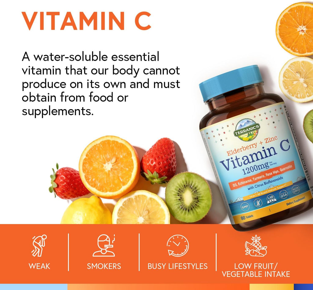 Terranics Vitamin C con Elderberry y Zinc, con Vitamina D3, A, B6, B12, Folato, Escaramujo, Bioflavonoides Cítricos, Cúrcuma, Equinácea, 14-en-1 Apoyo Inmunológico Diario, 90 Comprimidos
