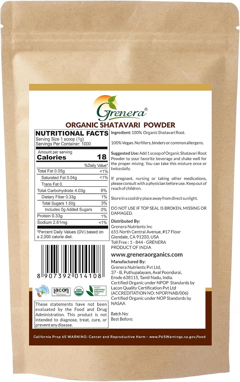 Grenera Organic Shatavari Powder - Raíz de Shatavari Orgánica USDA - Un Solo Ingrediente, Sin OGM, Sin Gluten - Asparagus racemosus - Fácil de Mezclar - Bolsa Resellable de 1 kg