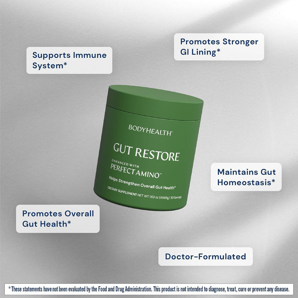 BodyHealth Gut Restore con PerfectAmino, ImmunoLin y Ácido Húmico - Suplemento para la Salud Digestiva e Inmune - Sin Sabor - 30 Dosis