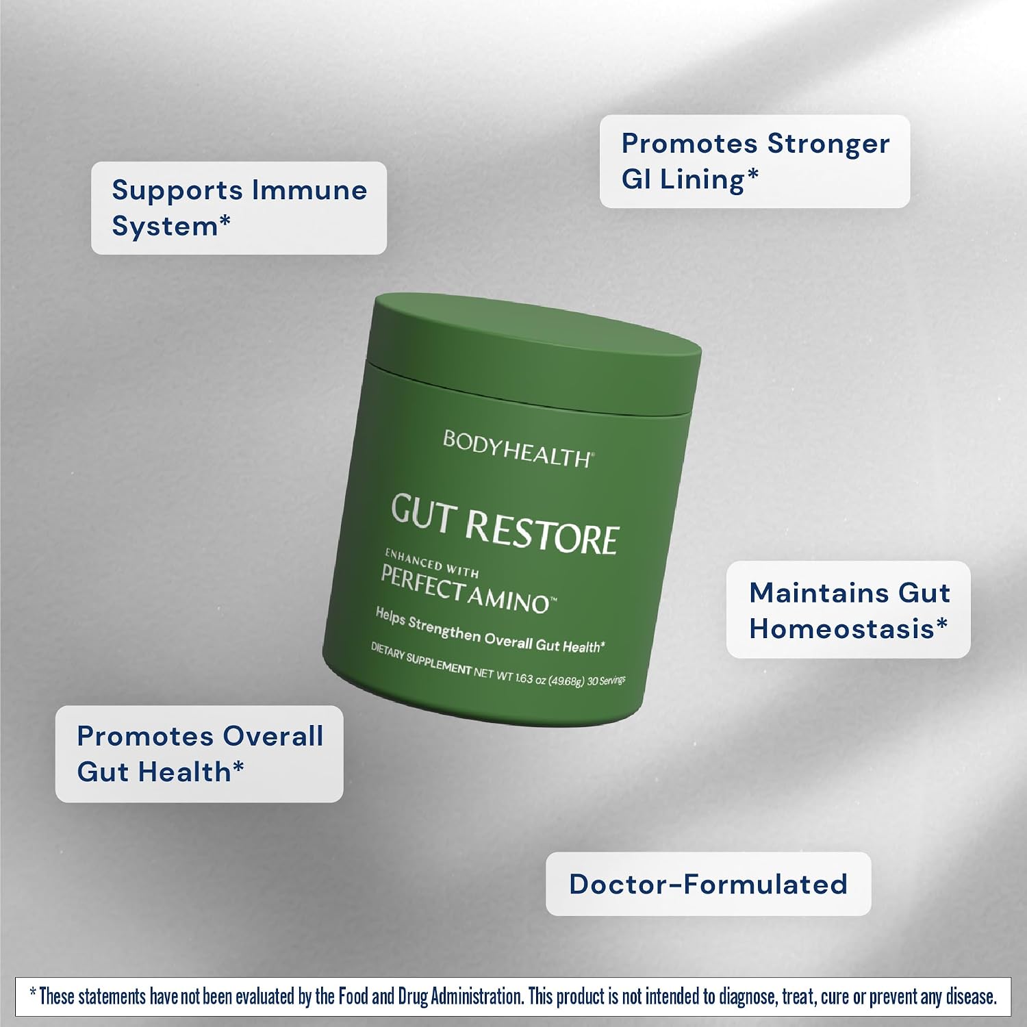 BodyHealth Gut Restore con PerfectAmino, ImmunoLin y Ácido Húmico - Suplemento para la Salud Digestiva e Inmune - Sin Sabor - 30 Dosis