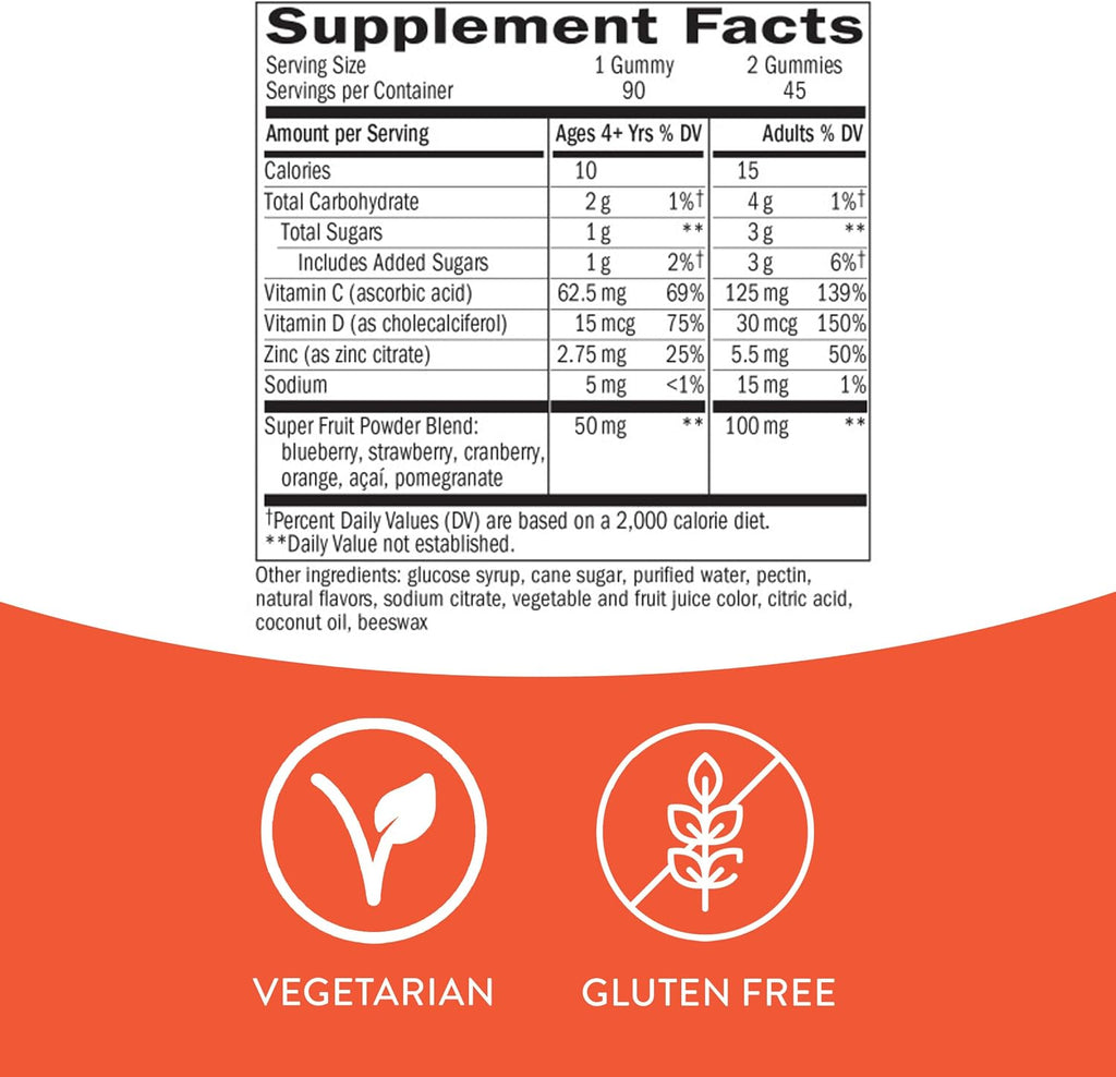 Nature's Way Immune Power, Gominolas de Vitaminas C y D con Zinc, Sabor Fresa-Naranja, 90 Gominolas
