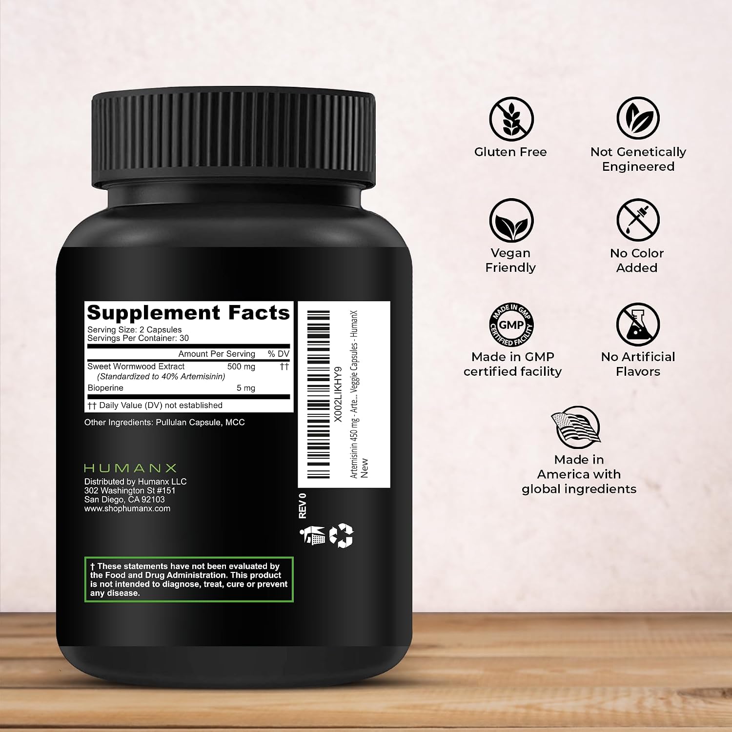 HUMANX Artemisinina 505 mg con Bioperina – Complemento alimenticio vegano