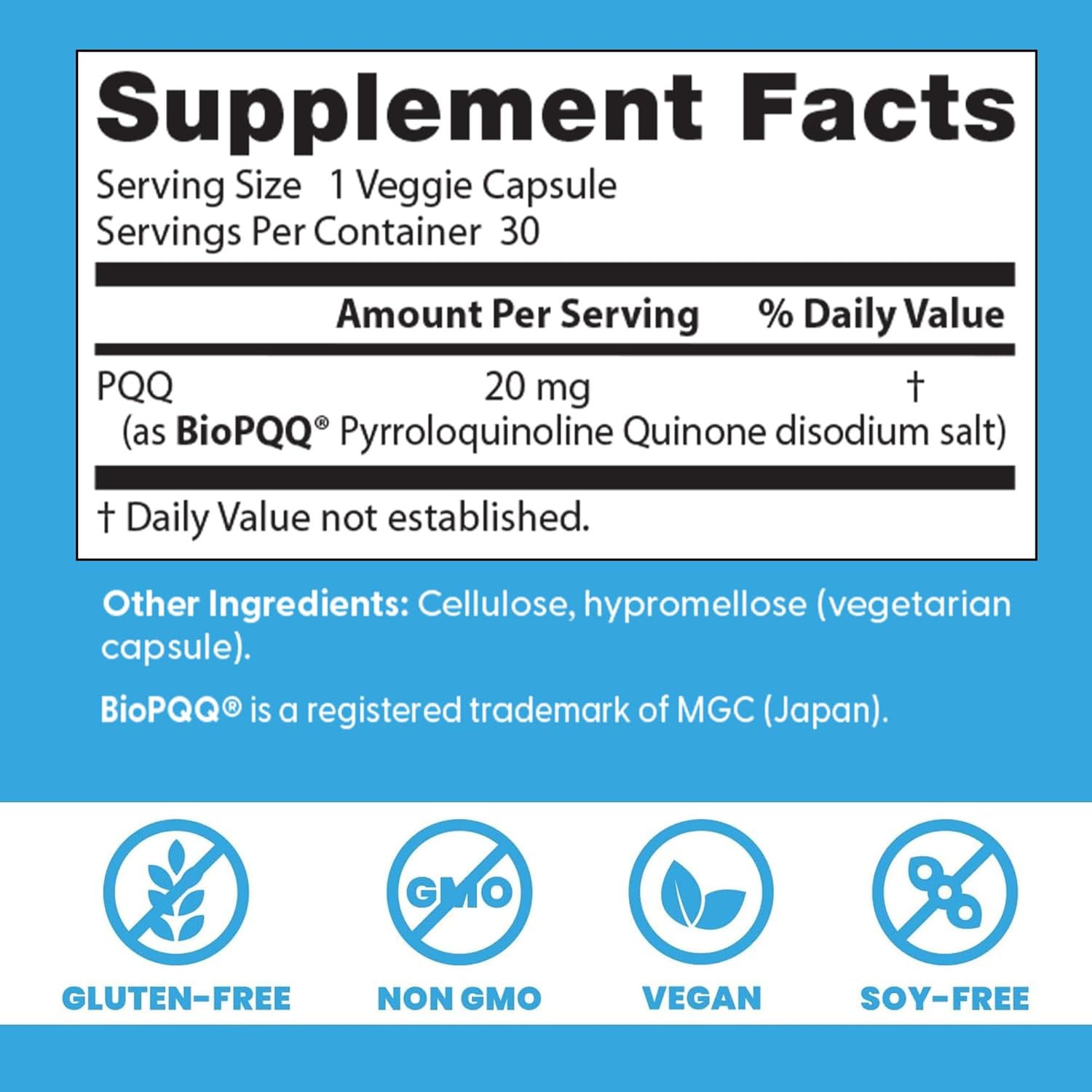 Doctor's Best PQQ con BioPQQ 20 mg - Pirroloquinolina Quinona para la salud cerebral y la energía mitocondrial - 30 cápsulas vegetales