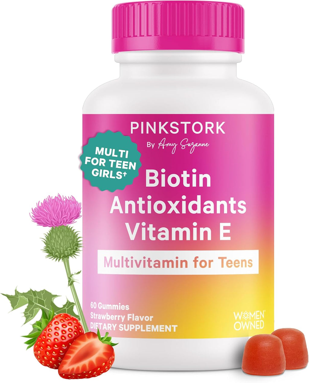 Pink Stork Biotin Multivitamin for Teens, 60 Gominolas de Frutos Rojos