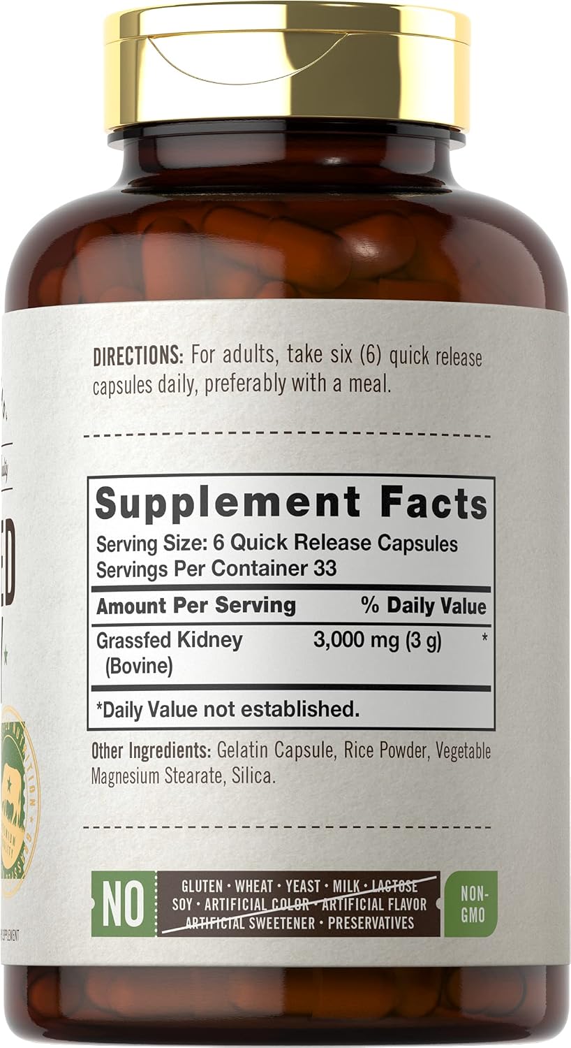 Carlyle Suplemento de Riñón de Ternera Grass Fed, 200 Cápsulas, 3000mg