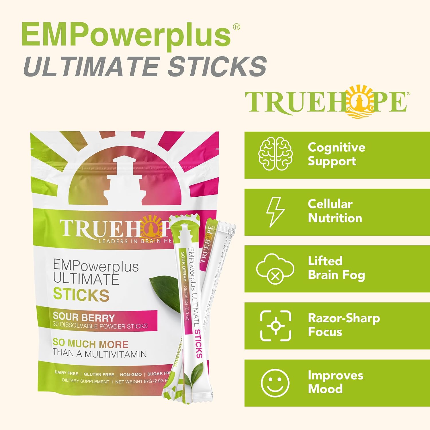 Truehope EMPowerplus Ultimate Multivitamin Nootropic Pouches con Inositol - 30 Sobres (Sour Berry)