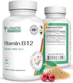 Logos Nutritionals Vitamina B12 Masticable 1000 mcg con Metilcobalamina, Sabor a Cereza - 100 Comprimidos