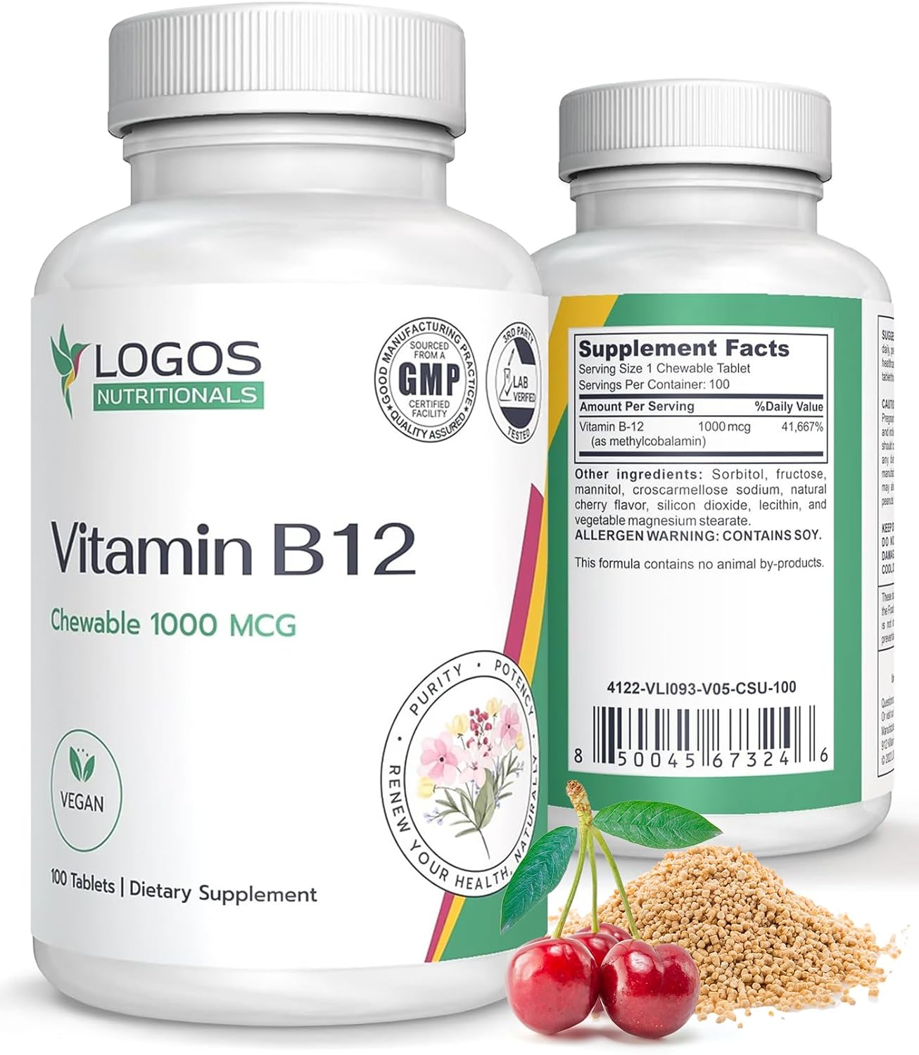 Logos Nutritionals Vitamina B12 Masticable 1000 mcg con Metilcobalamina, Sabor a Cereza - 100 Comprimidos