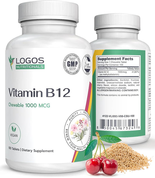 Logos Nutritionals Vitamina B12 Masticable 1000 mcg con Metilcobalamina, Sabor a Cereza - 100 Comprimidos