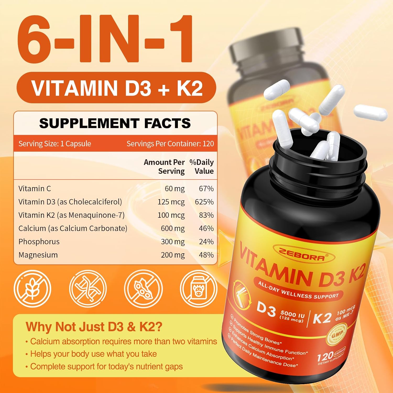 ZEBORA Vitamina D3 K2 5000 UI, 6 en 1 con Magnesio, Calcio, Fósforo y Vitamina C, 120 Cápsulas
