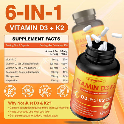 ZEBORA Vitamina D3 K2 5000 UI, 6 en 1 con – La vitamina K contribuye a la coagulación sanguínea normal y al – Image 2