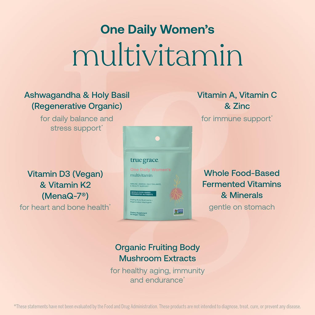 True Grace One Daily Women’s Multivitamin - Multivitamínico Diario para Mujeres con Minerales Fermentados, Adaptógenos y Hongos Orgánicos - 90 Comprimidos Veganos